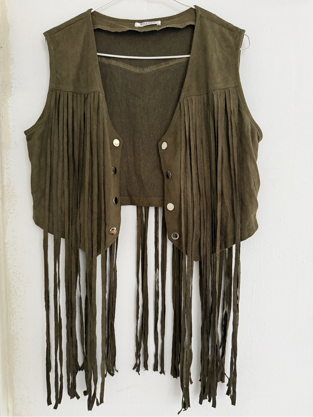 Beyove Olive Green Suede Fringe Vest - Size S | Bohemian Festival